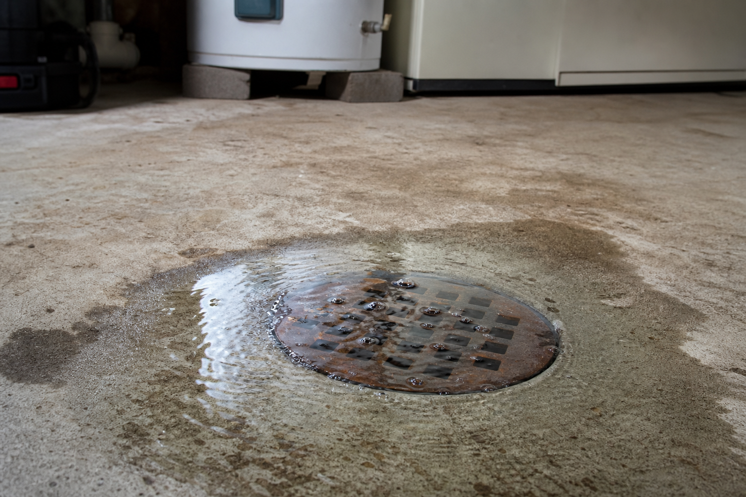 Wastewater rising in a basement floor drain due to root intrusion in clay pipe