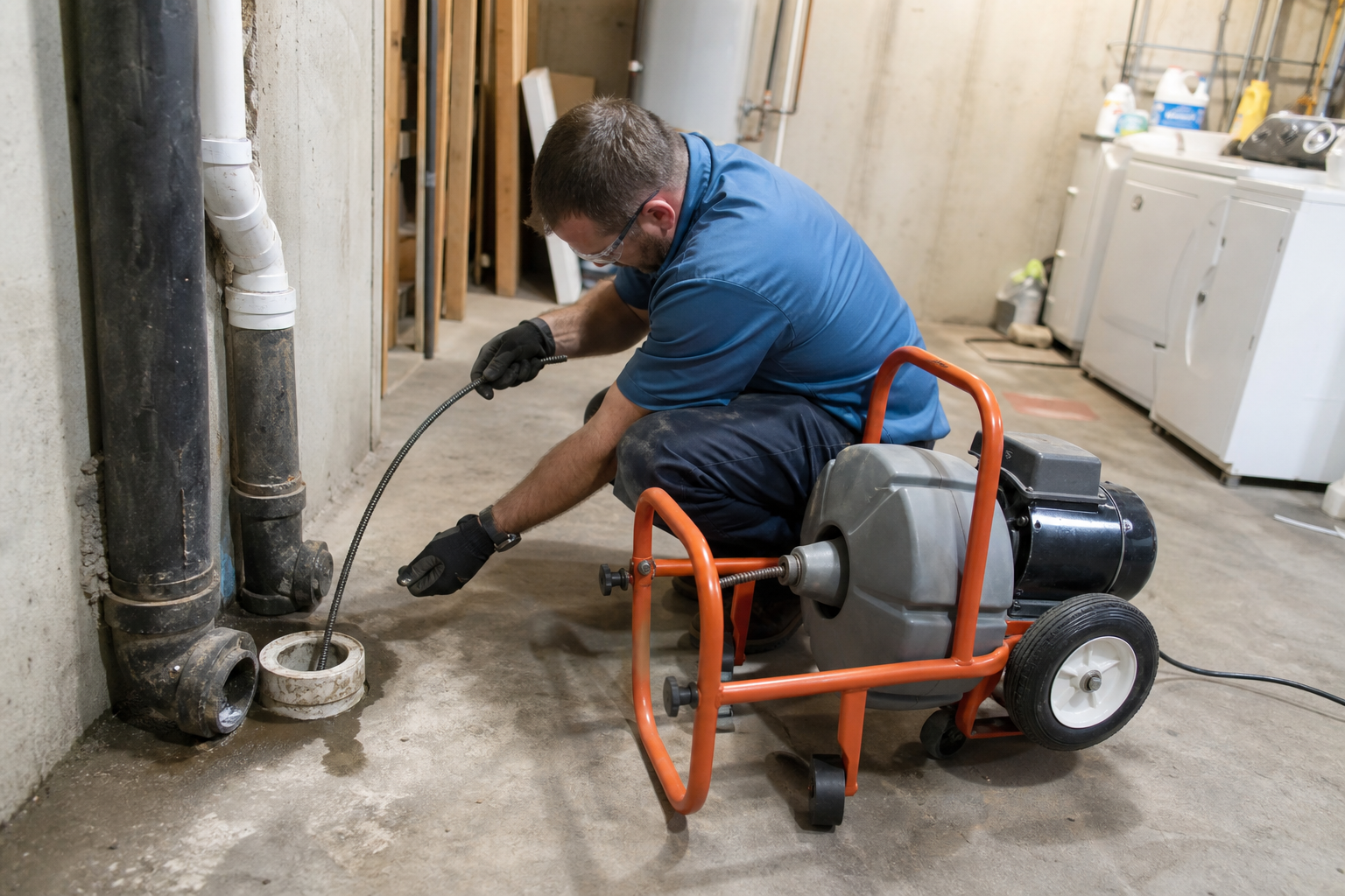 Professional drain cleaning cabling machine operating in a residential basement cleanout in the Denver metro area.
