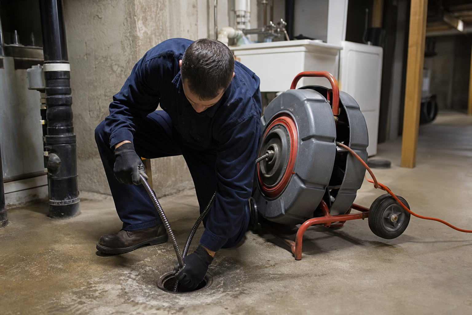Technician operating drain cleaning cable machine inside an Aurora home during an emergency plumbing call.