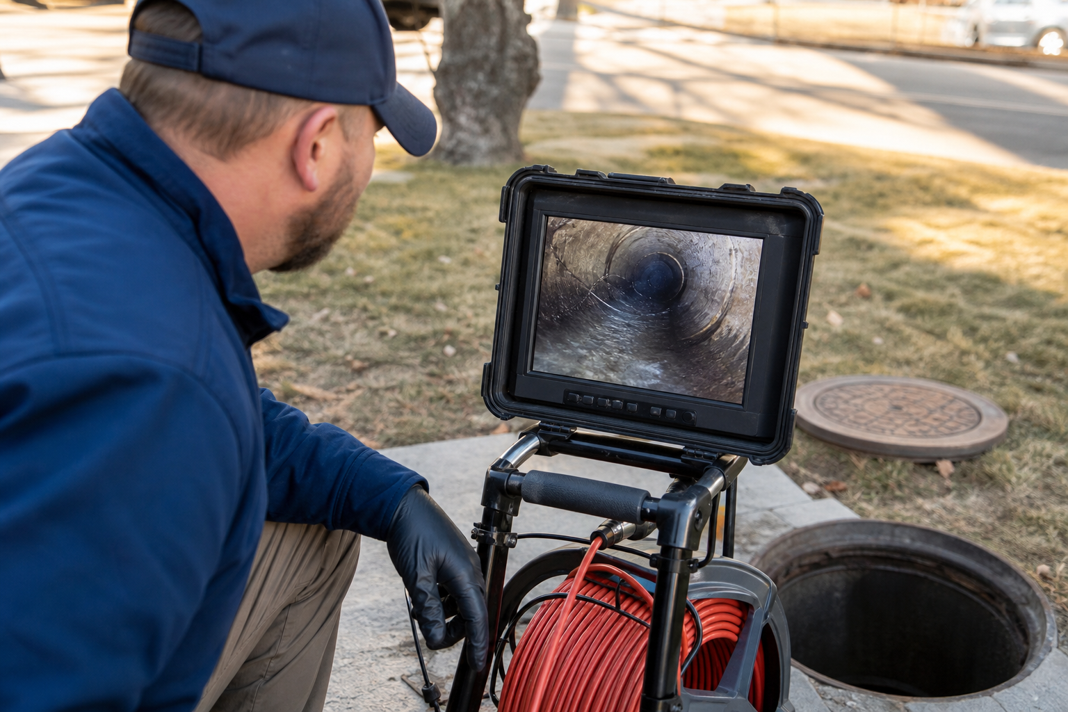 A plumber monitoring a camera inspection screen showing the interior of a clay sewer pipe.