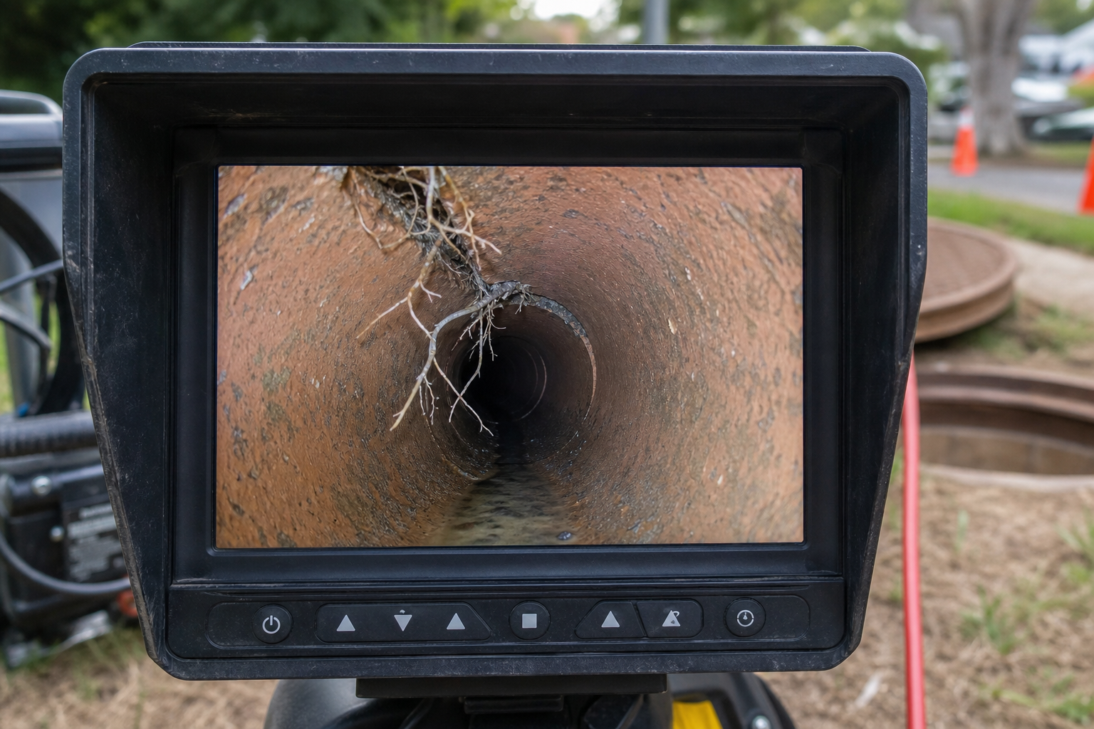 High definition fiber optic sewer camera screen showing clear clay pipe joints underground.