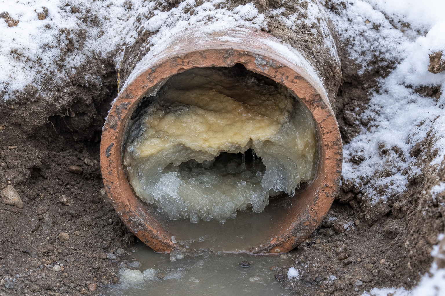 Cross section diagram showing congealed grease and ice restricting an underground clay drain pipe in Denver