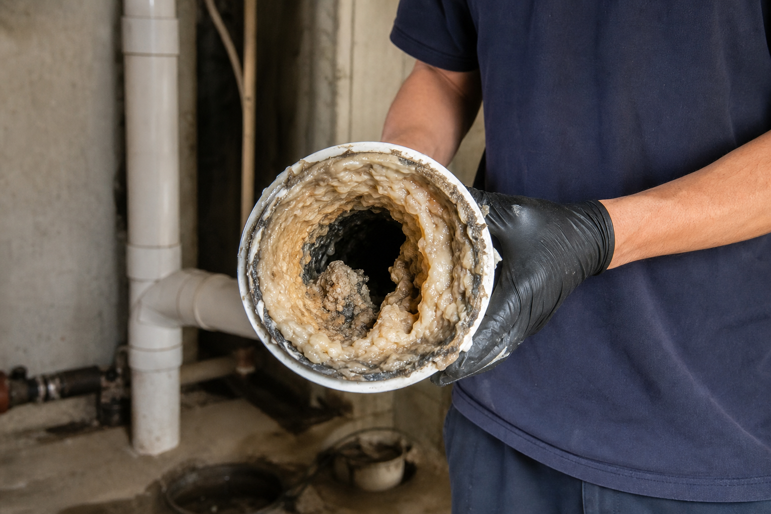 Professional drain cleaning technician analyzing grease buildup inside a residential kitchen lateral line in Aurora.