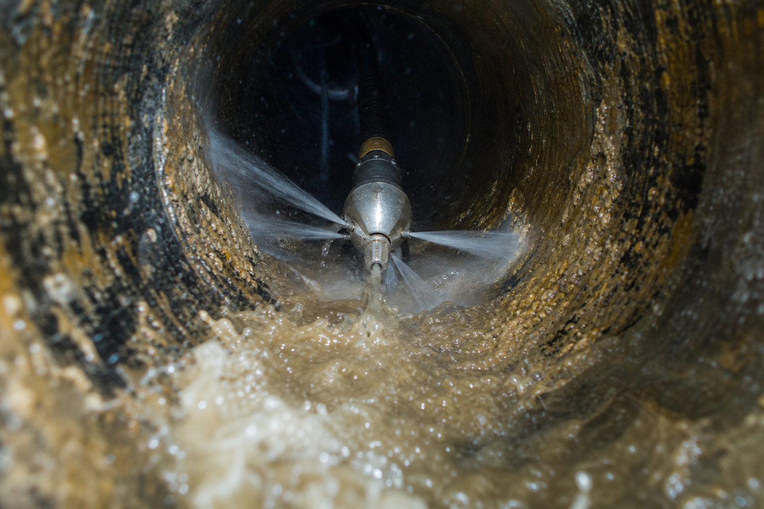 High-pressure water nozzle scouring grease and scale inside a sewer pipe during drain cleaning.