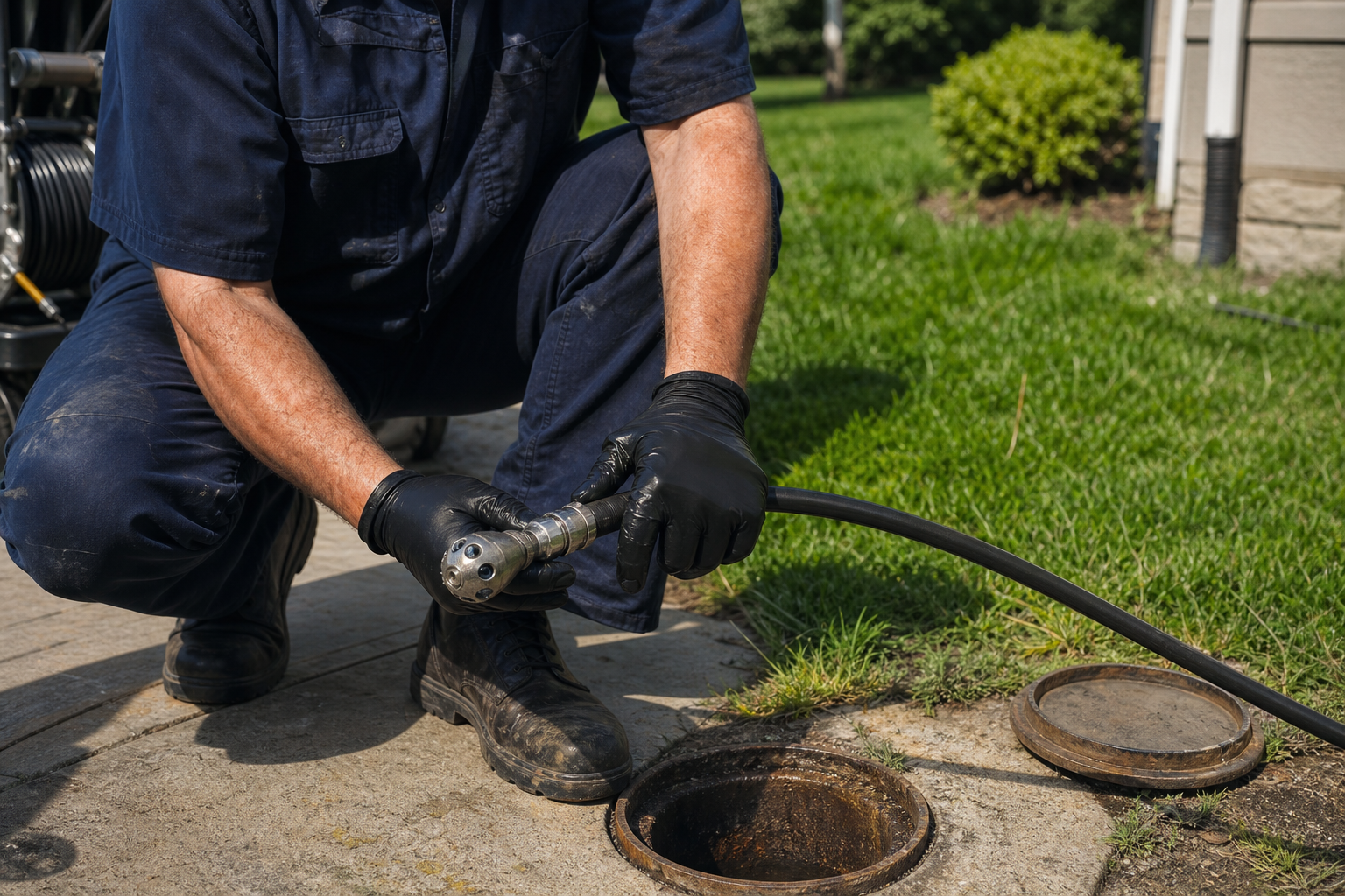High pressure hydro jetting nozzle inserted into main drain line for clearing roots