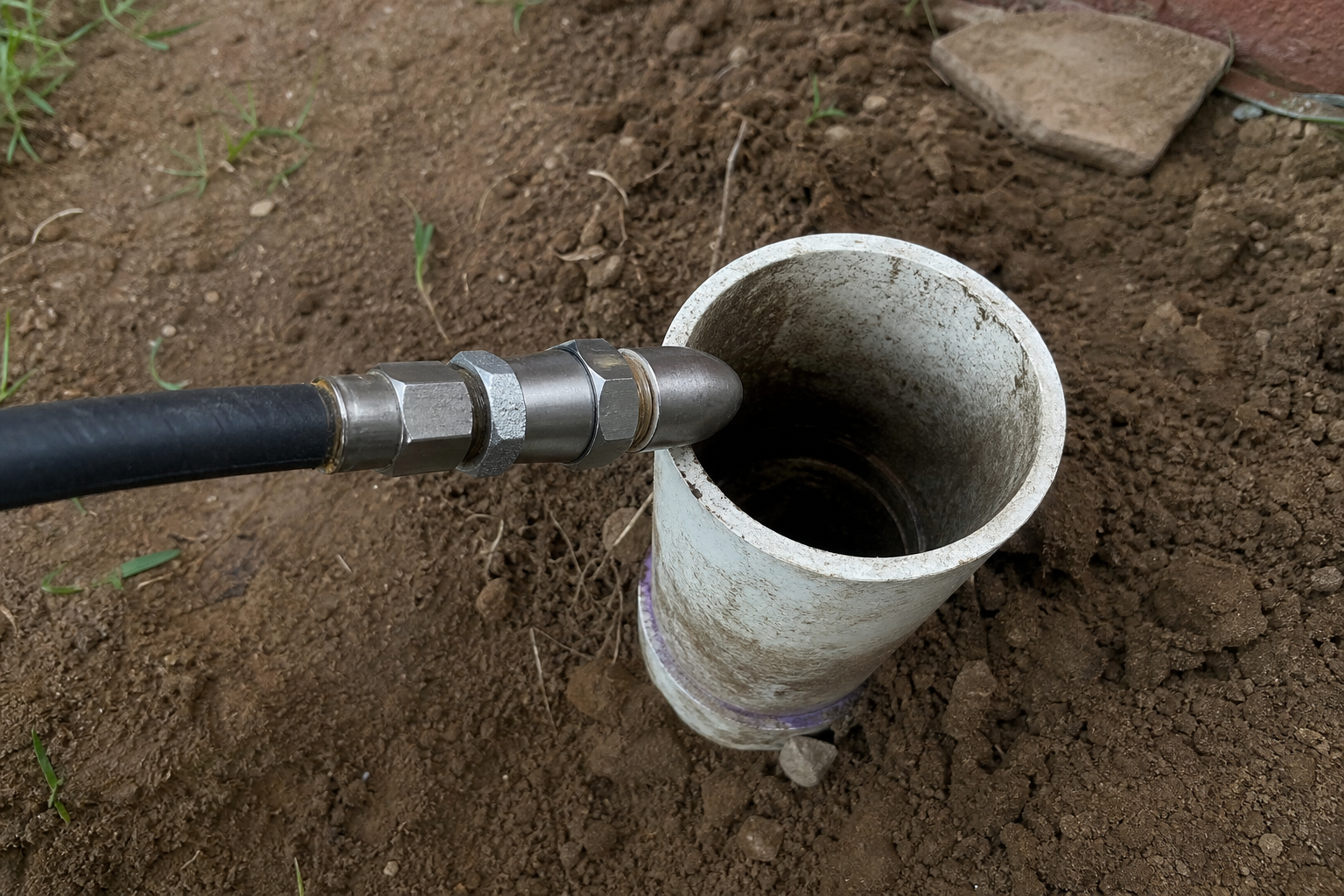 High pressure hydro jetting hose being prepared for main sewer line clearing in Aurora Colorado.