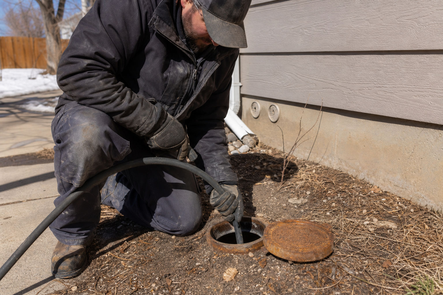 High pressure hydro jetting nozzle clearing tree roots from main sewer line in Aurora.