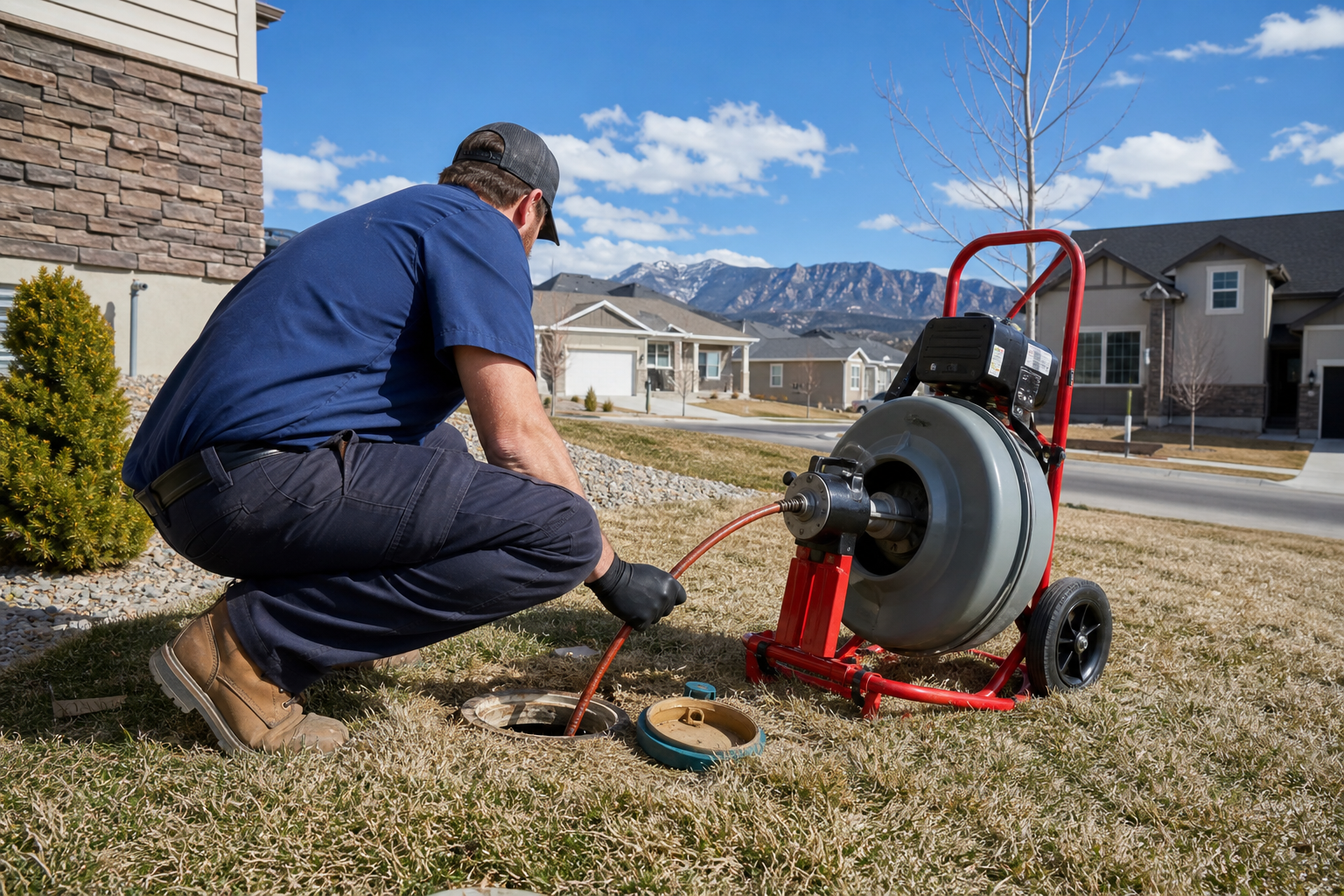 A technician operating drain cleaning machinery inside a Denver residential home for main line clearing.
