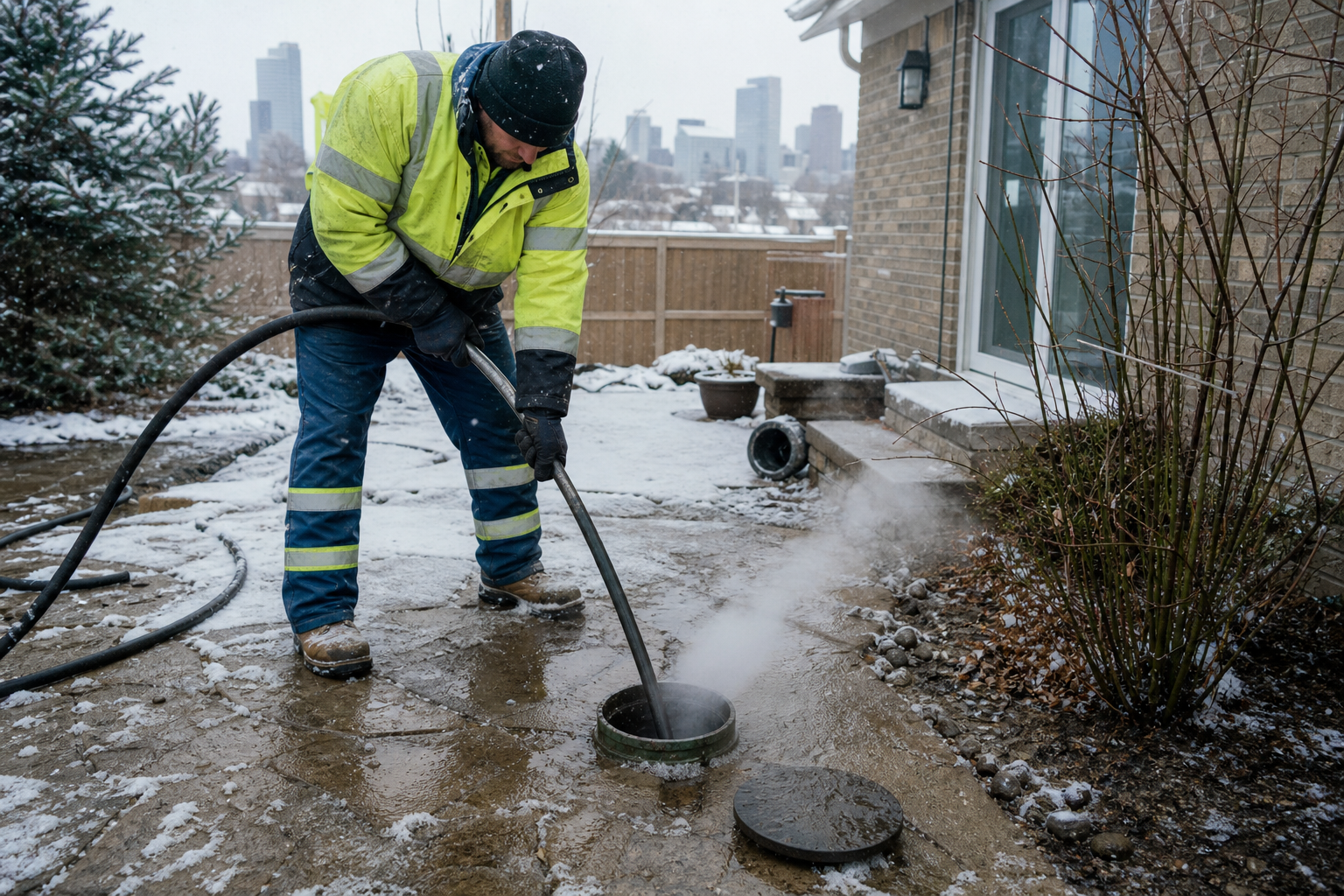 High pressure hydro jetting hose operating in a snow covered cleanout in Denver Colorado