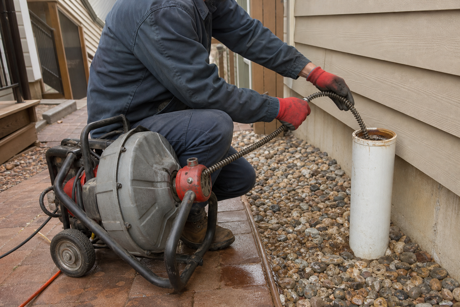 Professional drain cleaning aurora co technician inspecting a main sewer line emergency backup