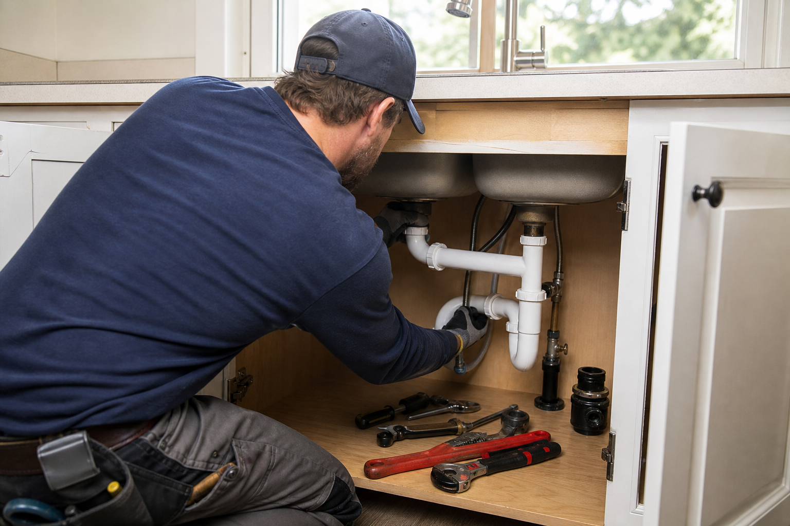 Professional plumber clearing a grease blockage beneath a kitchen sink in Aurora Colorado.