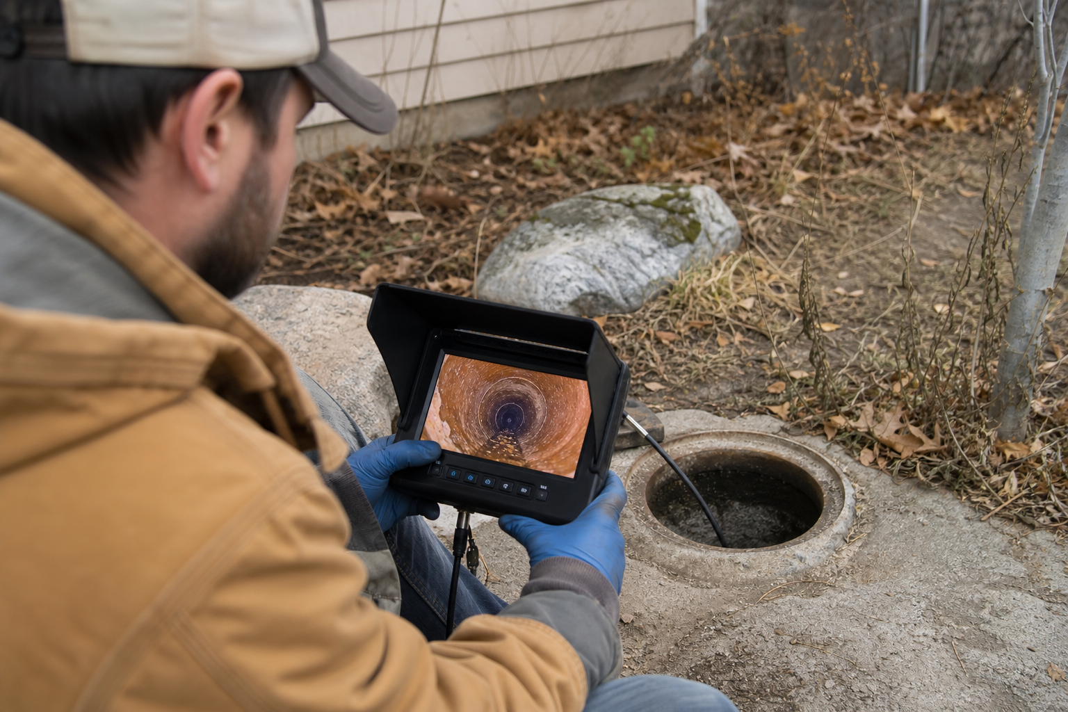 Plumber examining sewer camera video screen during diagnostic inspection of clay tile lateral pipe.