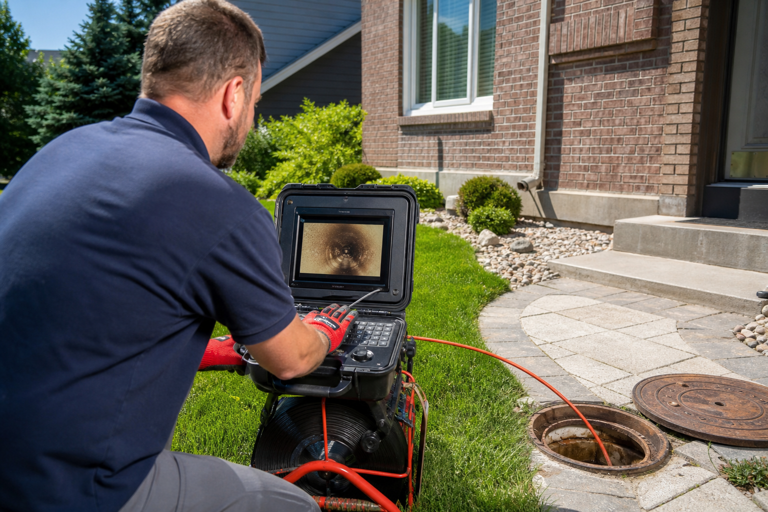 A qualified plumber in Aurora CO operates a digital sewer camera monitor outside a suburban brick home.