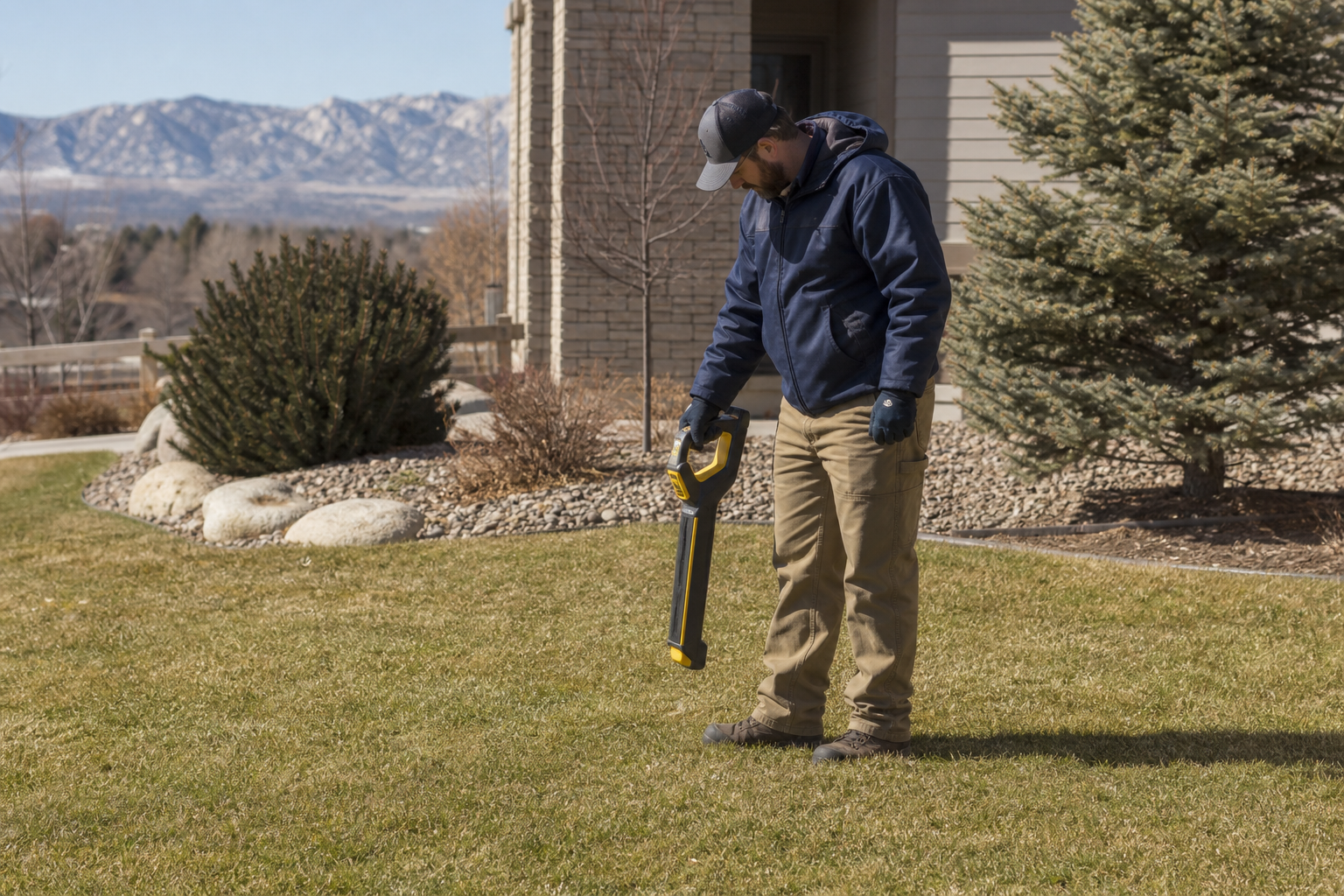 Technician using a sonde locator device to trace underground sewer line paths in an Aurora yard.