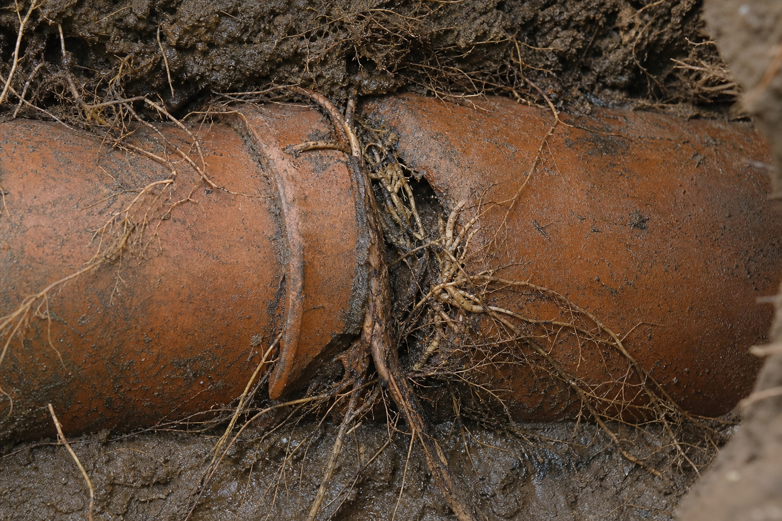 Tree root fibers invading a clay sewer pipe joint underground in Aurora Colorado.