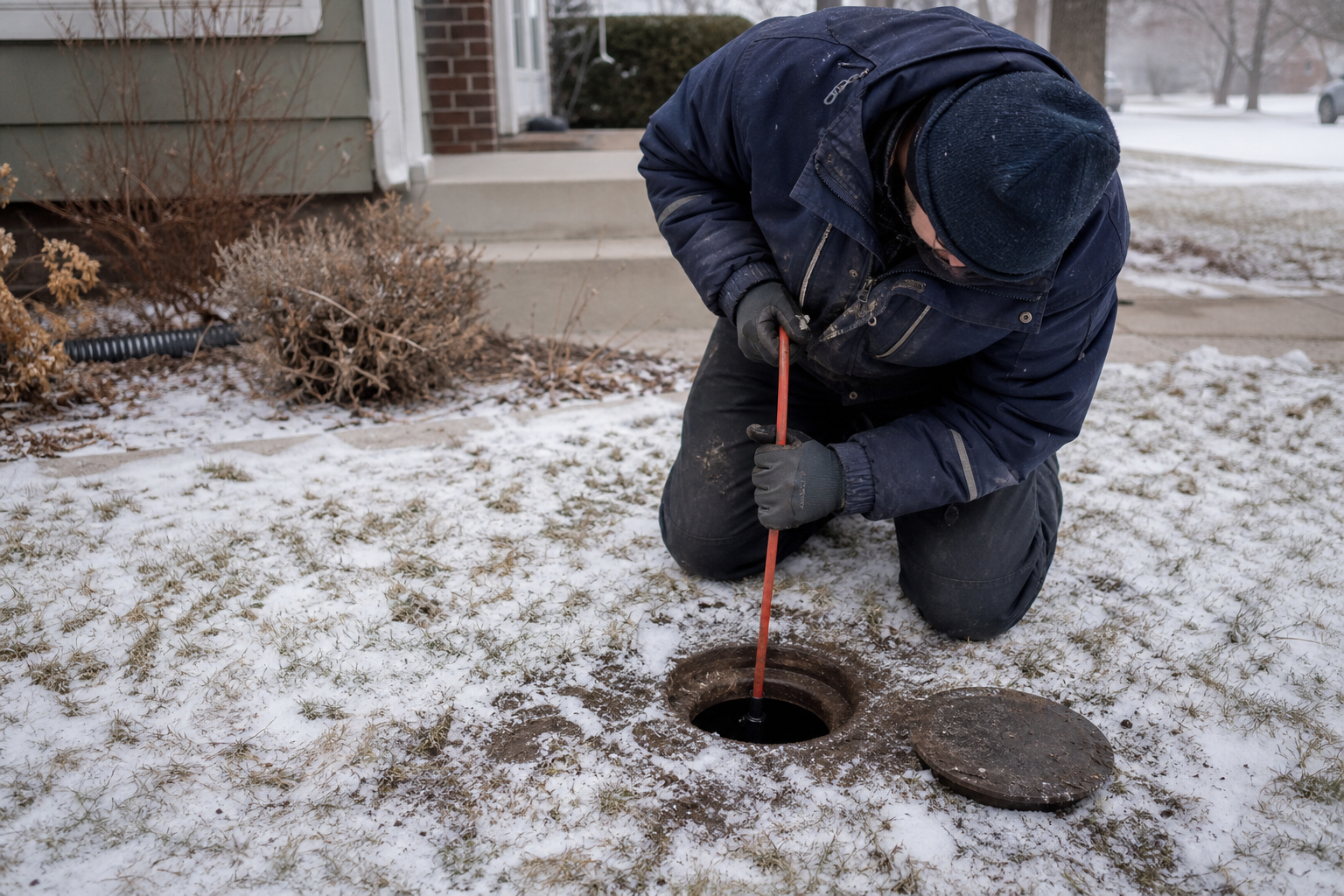 Professional plumber inspecting a cold sewer cleanout outside a Denver home during winter
